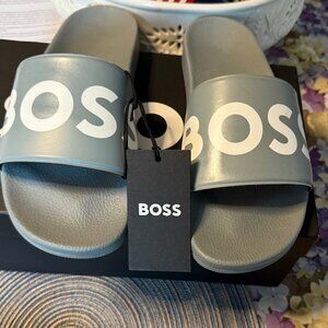 HUGO BOSS MENS SLIDES SANDALS GREY WHITE  SIZE 11 / 44 MADE IN ITALY NEW IN BOX